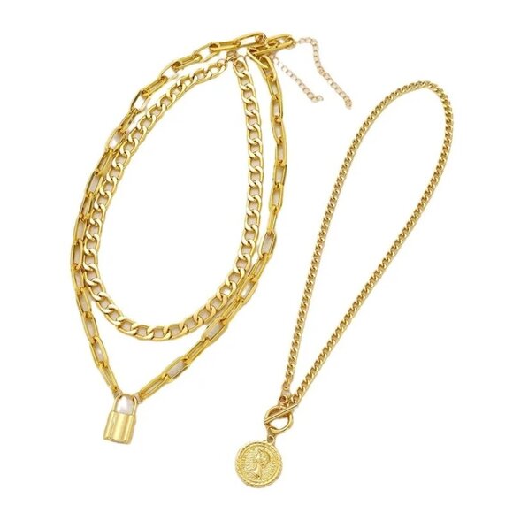 Vintage Style Coin Lock Pendants Gold Tone Layering Necklaces Old Money Style - Picture 5 of 5